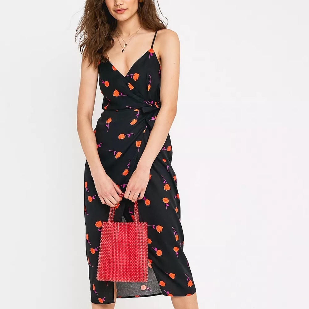 UO Quebec Black Floral Linen Side-Tie Midi Wrap Dress